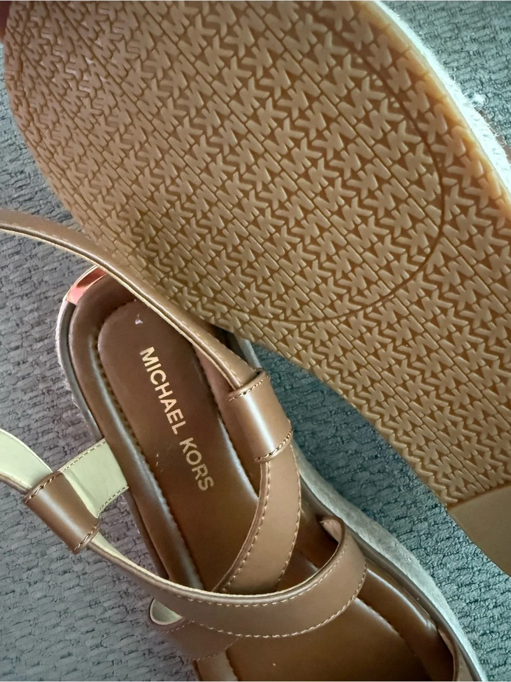 MICHAEL KORS Cognac Leather Wedge Sandals with Gold Buckle